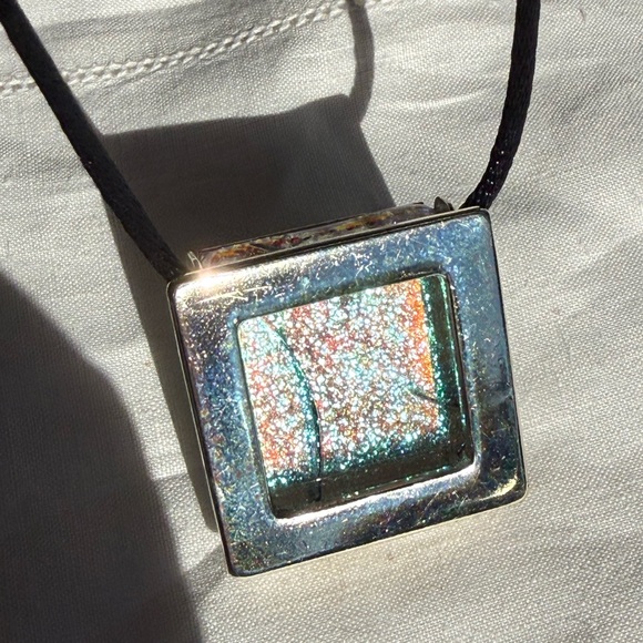 Dichroic Glass necklace in gallery pendent silver frame & clasp black cord VTG